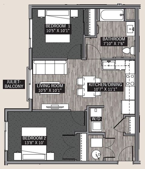Floor plan for 2 beds, 1 bath, 760 sqft